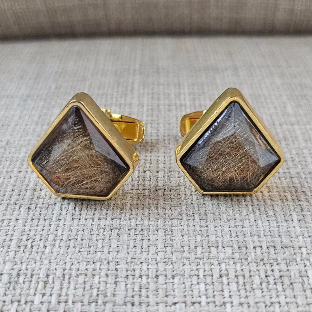 Men Cuff Links Brown Faux Stone Gold Tone Fashion Jewelry Cuff Stud Cufflink New - Picture 2 of 10